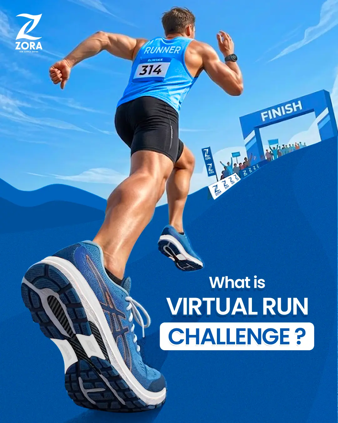 Zora Virtual Run Challenge campaign visual showing a runner approaching the finish